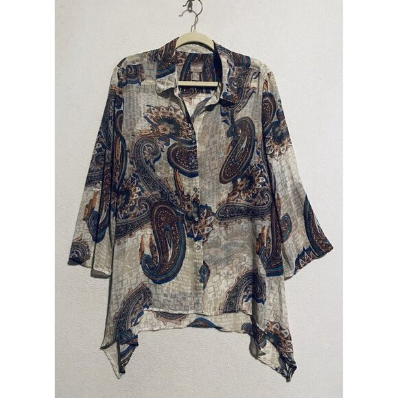 Chicos Top Womens Large 12 Boho Paisley Print Sheer Asymmetrical Hem Flowy - Picture 1 of 10